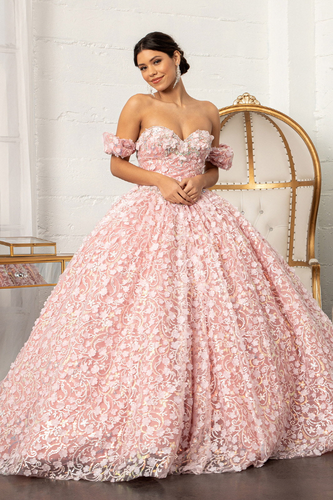 Jewel Embellished Quinceanera Mesh Gown w/ 3D Applique and Corset Bodice GLGL3019-0